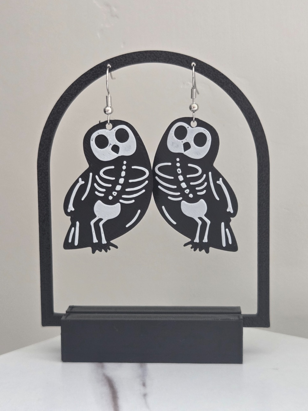 Black & White Skeleton Owl Dangle Earrings - 1 Pair